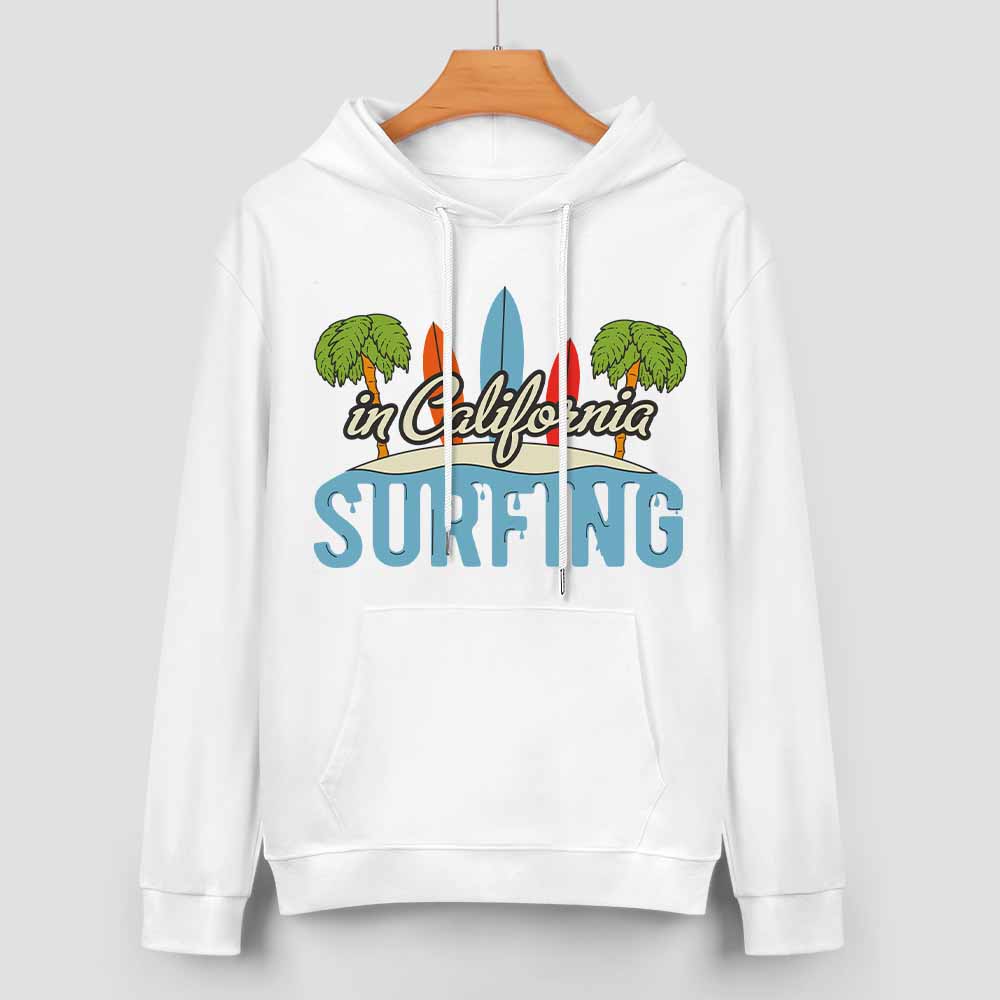 White cotton Surfing hoodie, loose fit, suitable for daily wear, with graphic.