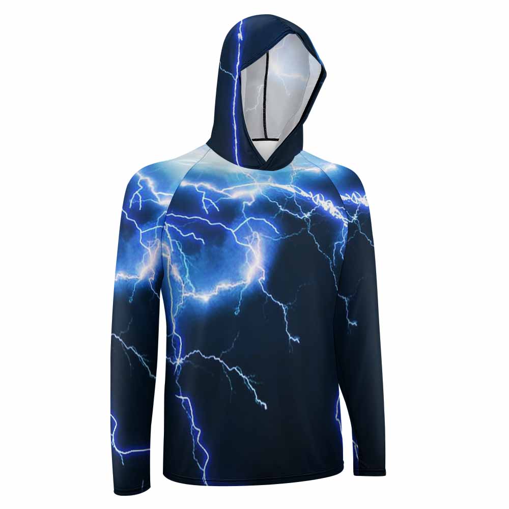 Men's Blue Lightning Print Sun Protection Hoodie - Long Sleeve UV Protection