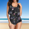 Black floral bikini swimsuit with layered top and high waist, perfect for beach or pool.