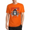 Orange cotton short-sleeved T-shirt with "AMERICAN LEGEND" gorilla graphic print, summer fashion.