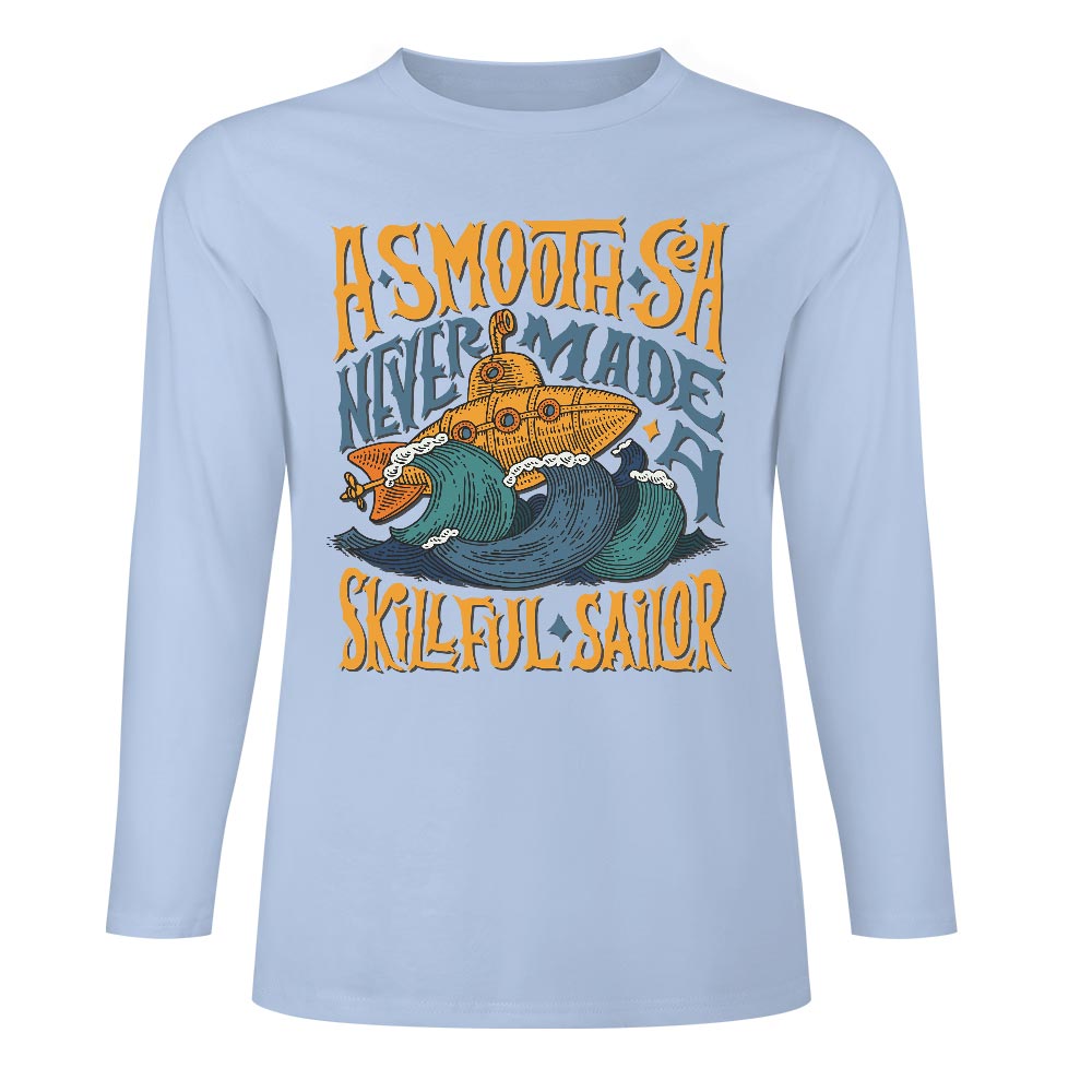 Light blue pure cotton long sleeve T-shirt featuring ASMOOTH ARE MADE OF SOULFULLY graphic design for casual wear