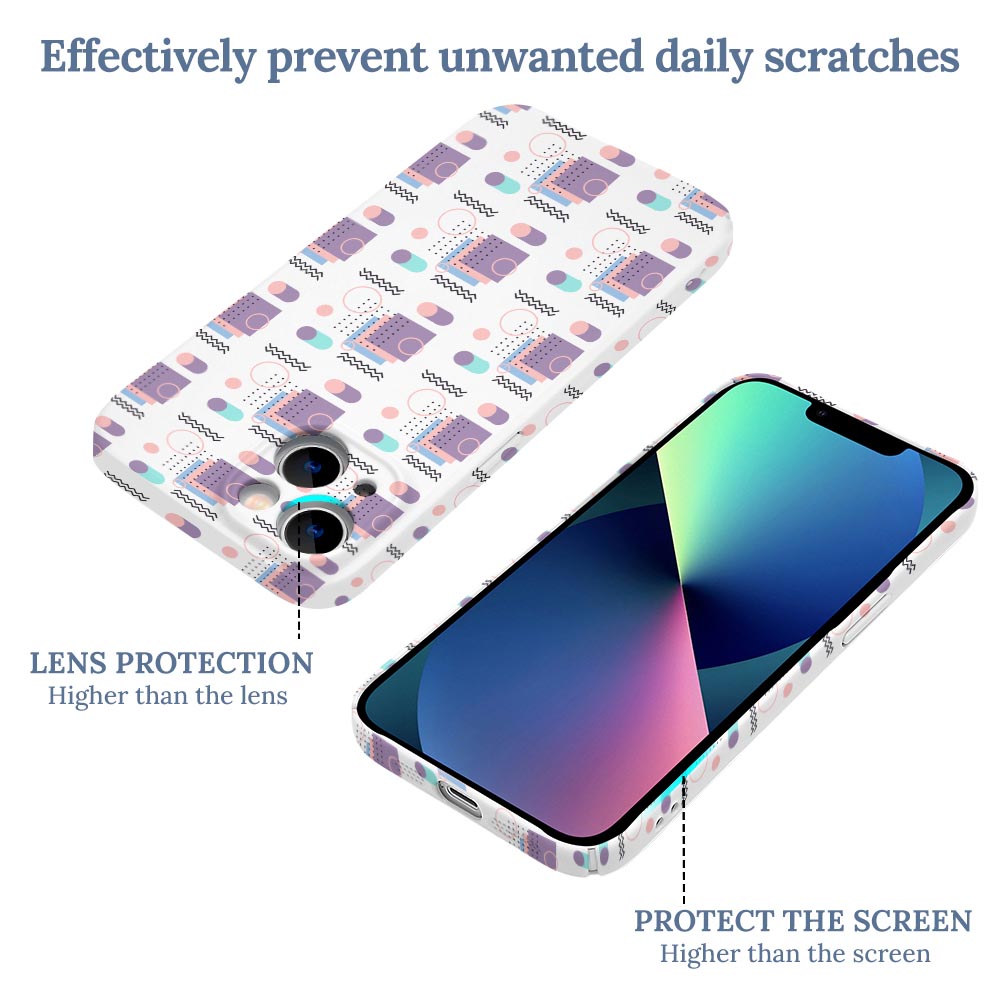 iPhone 13 case, PC plastic, white & purple geometric pattern, lens and screen protection.