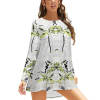 White long sleeve crew neck t-shirt with green pattern for women, polyester-cotton blend, Inkedjoy