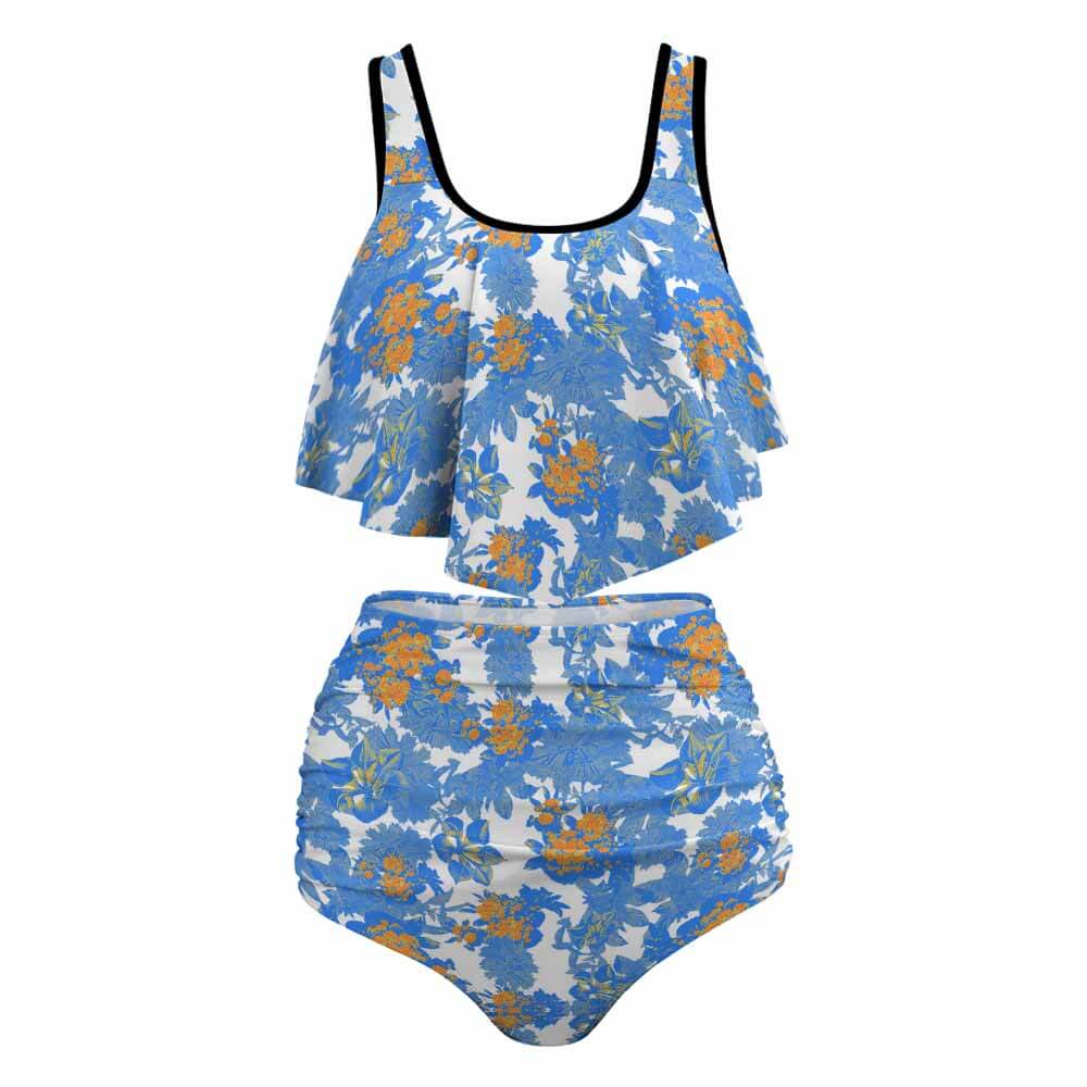 Blue floral print large size bikini swimsuit. Tankini top with ruffle and high-waisted bottoms, perfect for beach or pool.