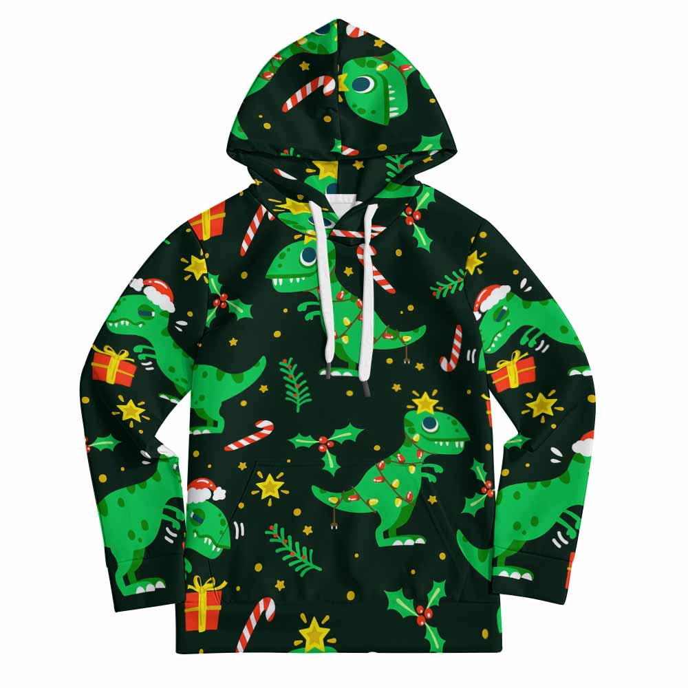 Youth all over print hoodie with green dinosaur pattern, featuring a hood and drawstring.