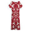 Red patterned short-sleeved dress in milk fiber, perfect for various occasions.