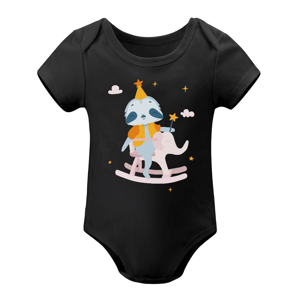 Black short-sleeve baby bodysuit featuring a cute animal design, made of soft cotton, perfect for babies aged 3-24 months.