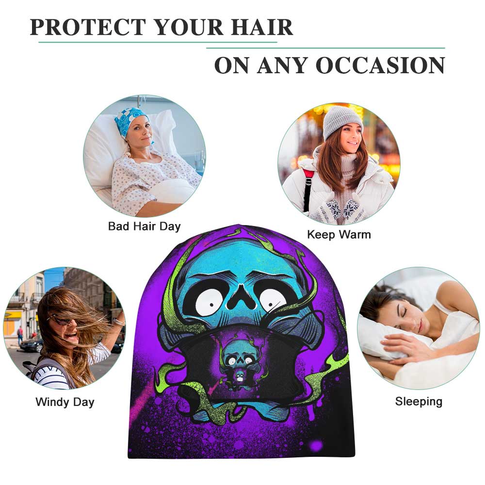 Full print pullover cap with skull design for any occasion, keeping head warm and stylish.