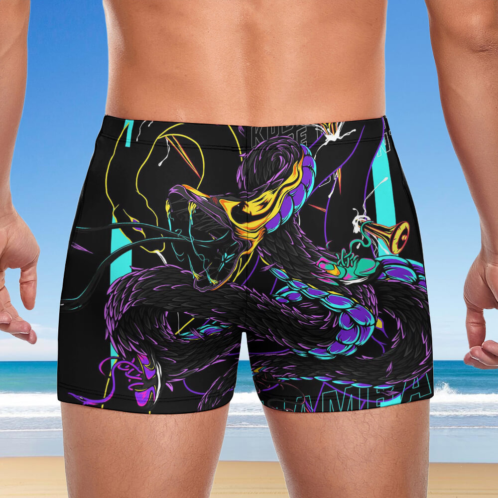 Men's black swimming trunks with teal DEATH design, polyester spandex, brief cut for swimming