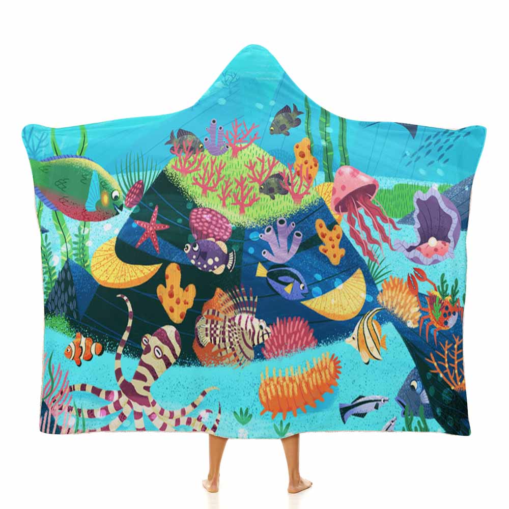 Cloak Hooded Blanket featuring an underwater scene with coral and marine life.