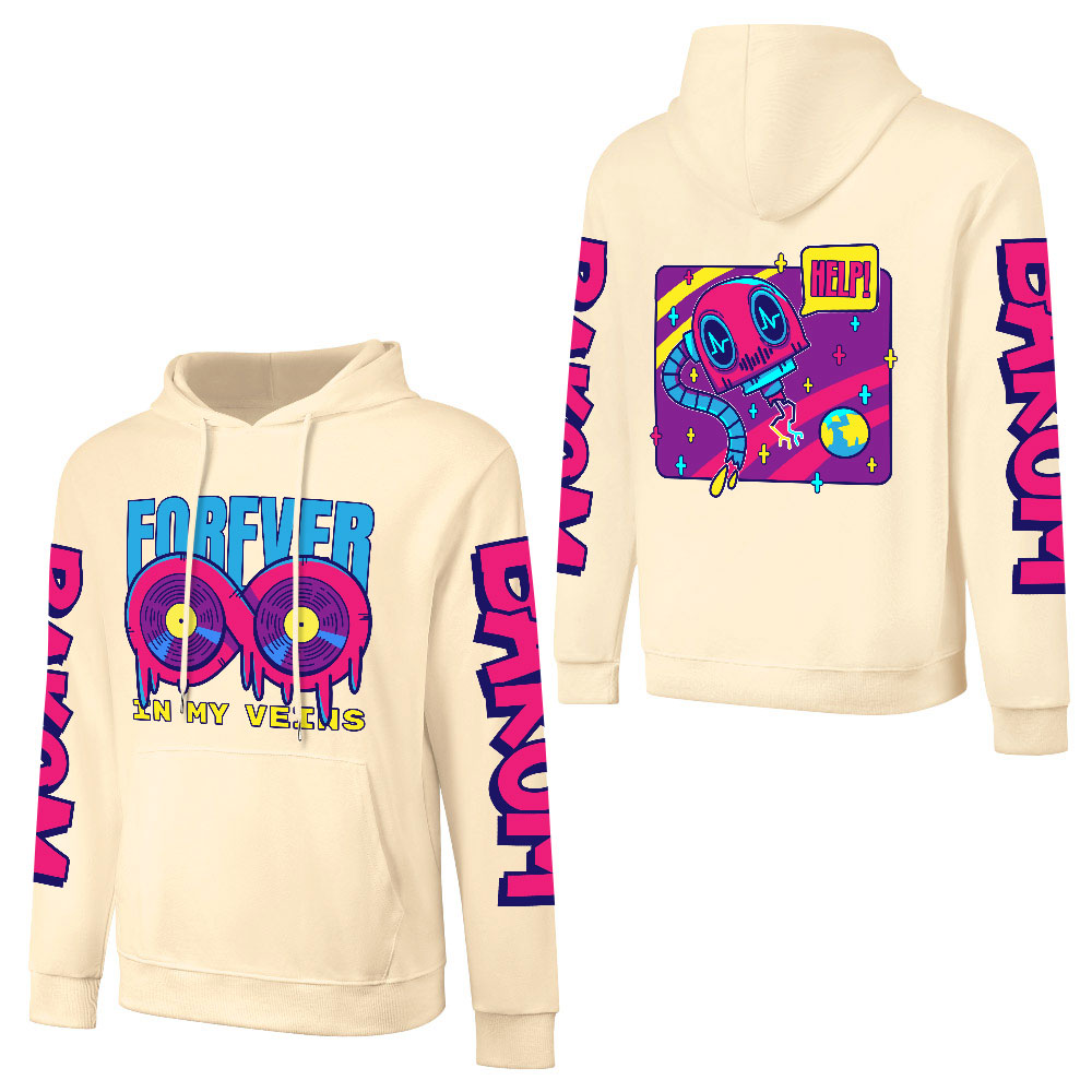 Cream cotton hooded sweater with FOREVER 99 donut graphic and LIQUID sleeve prints, youth fashion style.