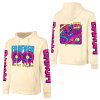 Cream cotton hooded sweater with FOREVER 99 donut graphic and LIQUID sleeve prints, youth fashion style.