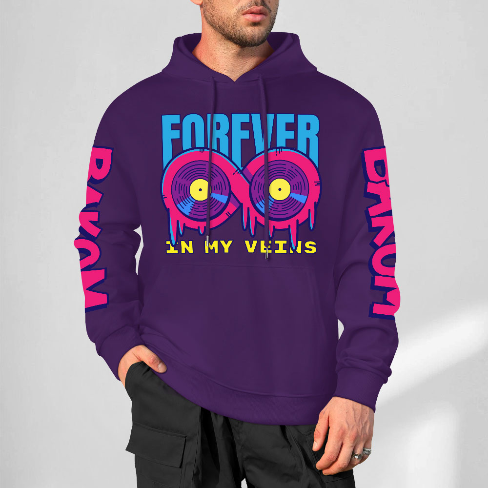 Purple cotton hoodie with 'FOREVER' donut graphic, 'CHRONM', 'DAKUM' sleeve prints, fashion style.