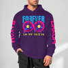 Purple cotton hoodie with 'FOREVER' donut graphic, 'CHRONM', 'DAKUM' sleeve prints, fashion style.
