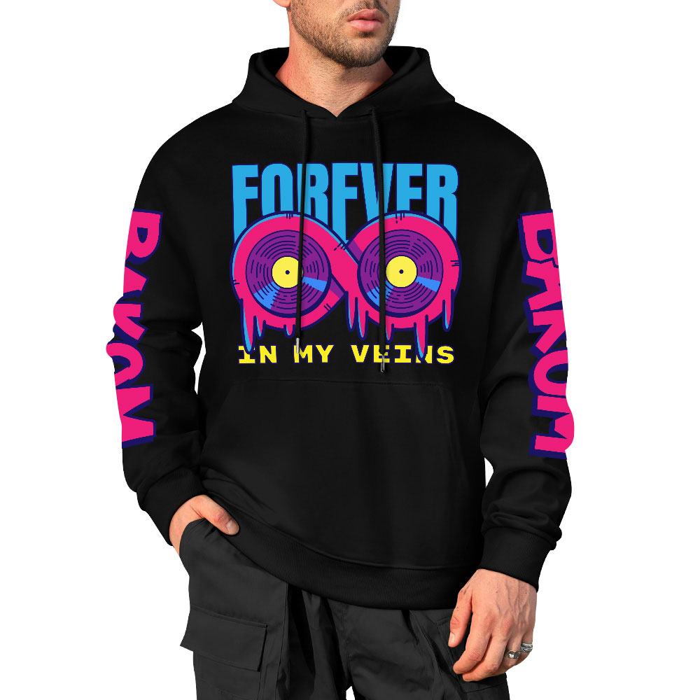 Black cotton hooded sweater with FOREVER design and sleeve prints, youth fashion style.