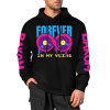 Black cotton hooded sweater with FOREVER design and sleeve prints, youth fashion style.