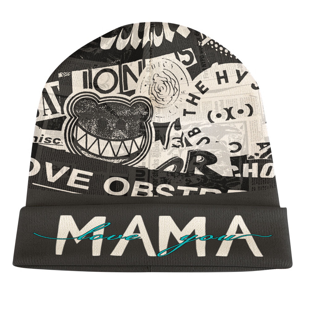 Polyester knitted hat with "MAMA" text design and unique graphic elements for winter wear.
