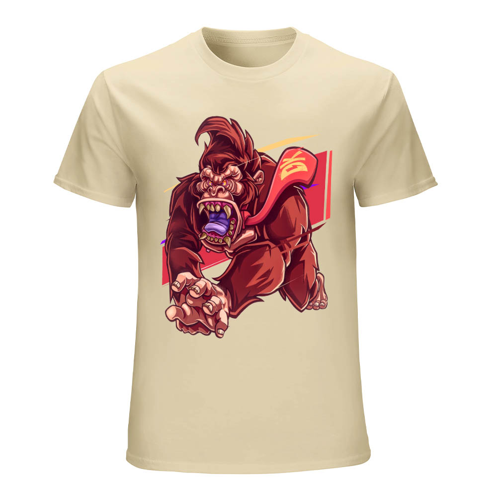 Beige cotton men's T-shirt featuring a red monster graphic print, Inkedjoy design