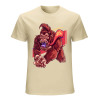 Beige cotton men's T-shirt featuring a red monster graphic print, Inkedjoy design