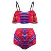 Colorful ruffle top bikini swimsuit, high-waisted bottoms. Polyester & spandex.