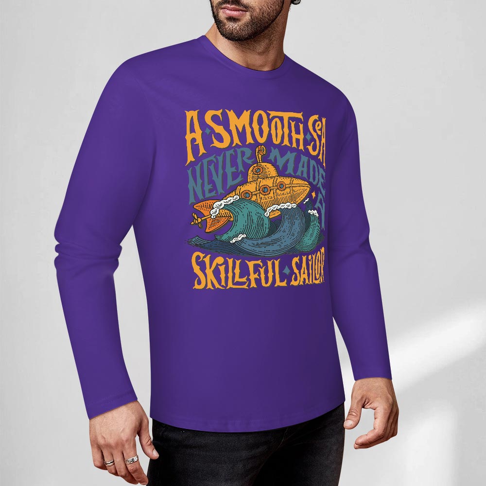 Purple pure cotton long-sleeved T-shirt featuring an ASMODUS Shark Attack graphic for casual wear.