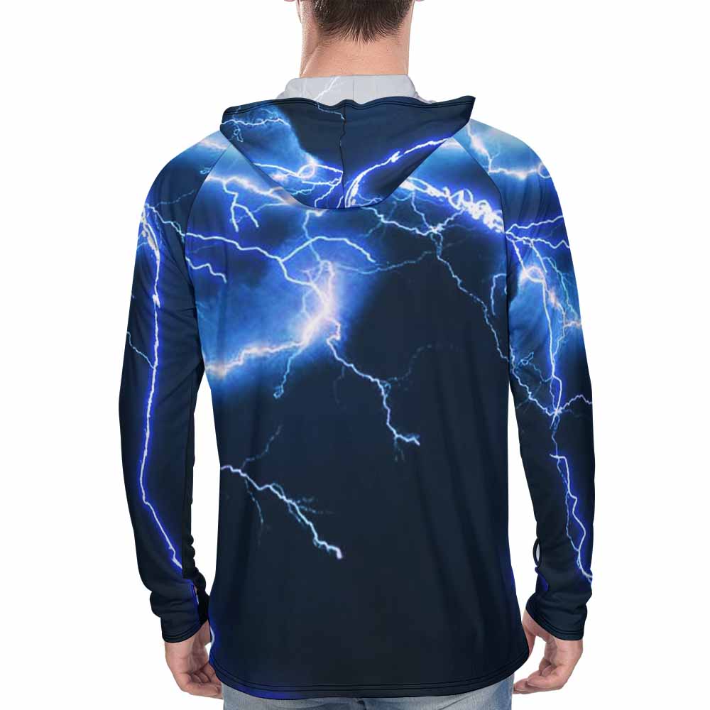 Men's Sun Protection Hoodie with Blue Lightning Print, long sleeve, UV protection