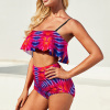 Colorful ladies' ruffle top bikini swimsuit, high-waisted design, perfect for beach outings.