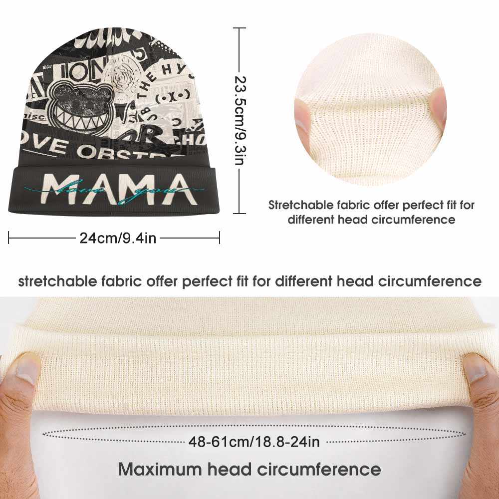 Polyester knitted hat with "MAMA" text design, providing comfortable fit for various head sizes, perfect for winter wear.