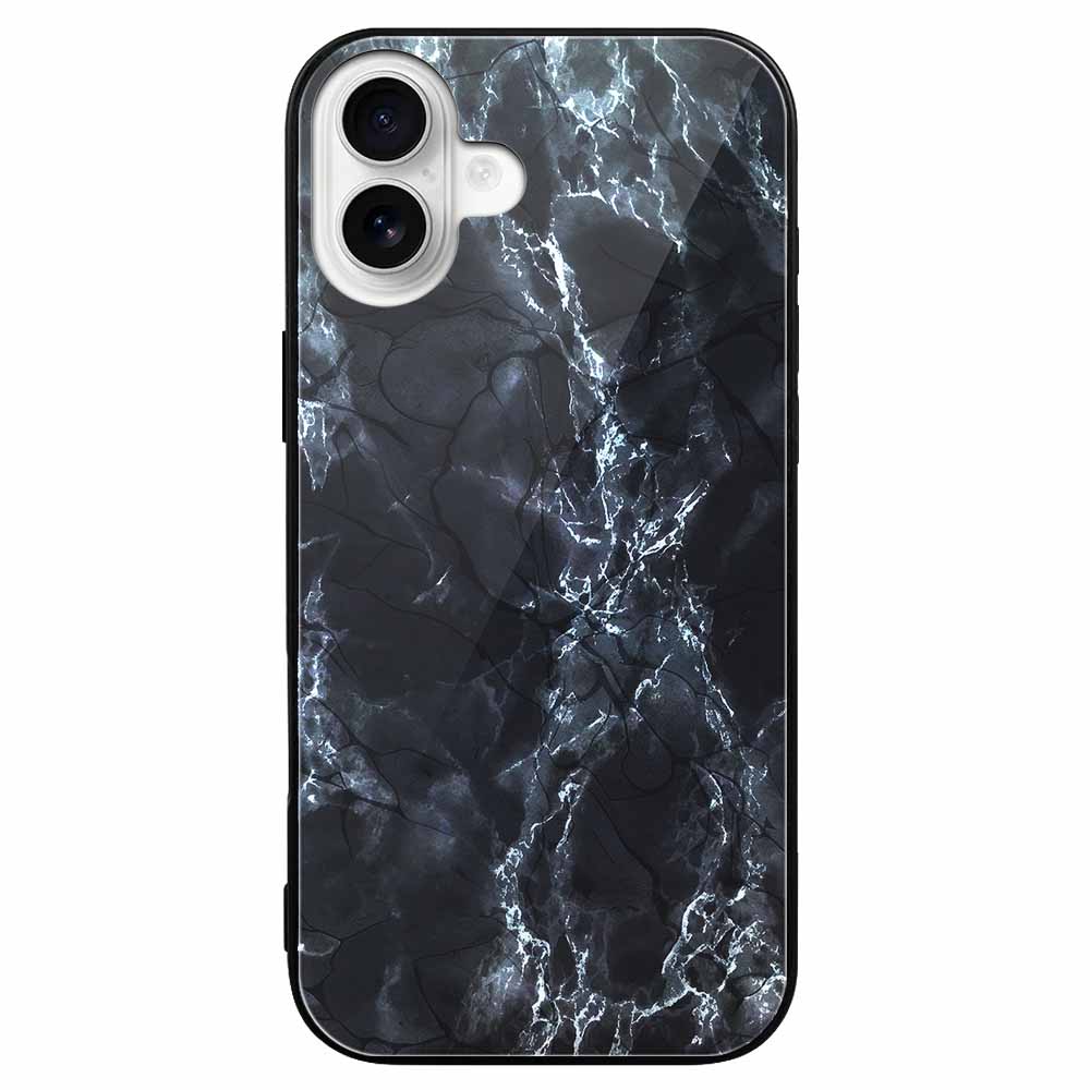 iPhone 16 series glass case with dark marble pattern, anti-scratch protection.