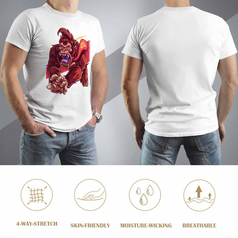 White cotton men's t-shirt with red monster graphic print, Inkedjoy product, front and back view