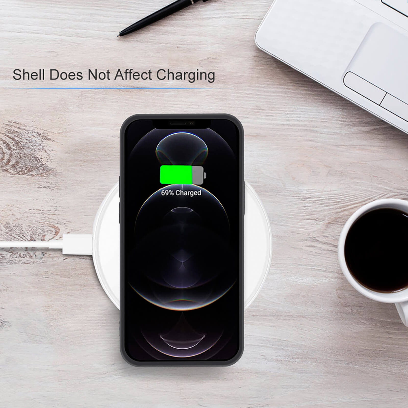 iPhone 12 series wirelessly charging on white pad with TPU case, stylish design