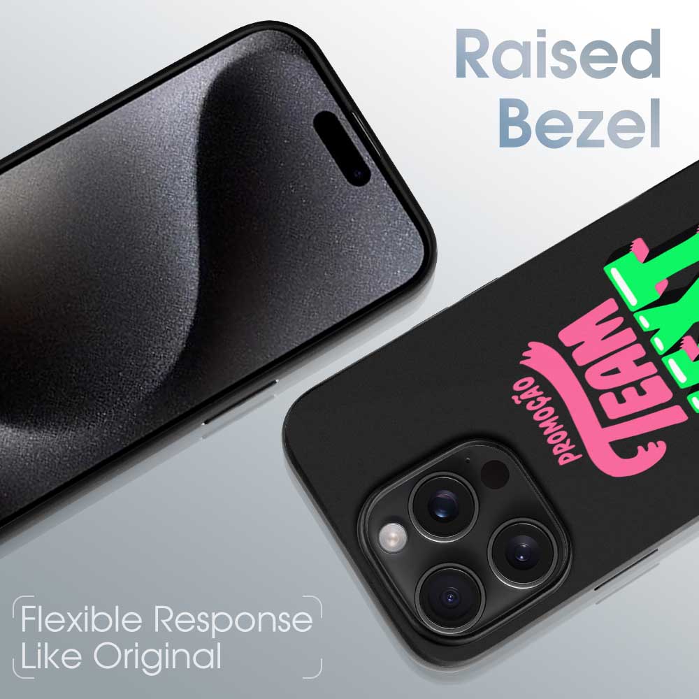 iPhone 15 Pro case featuring 'TEAM NEXT @ Lolla' design, black TPU, raised bezel, shockproof protection.