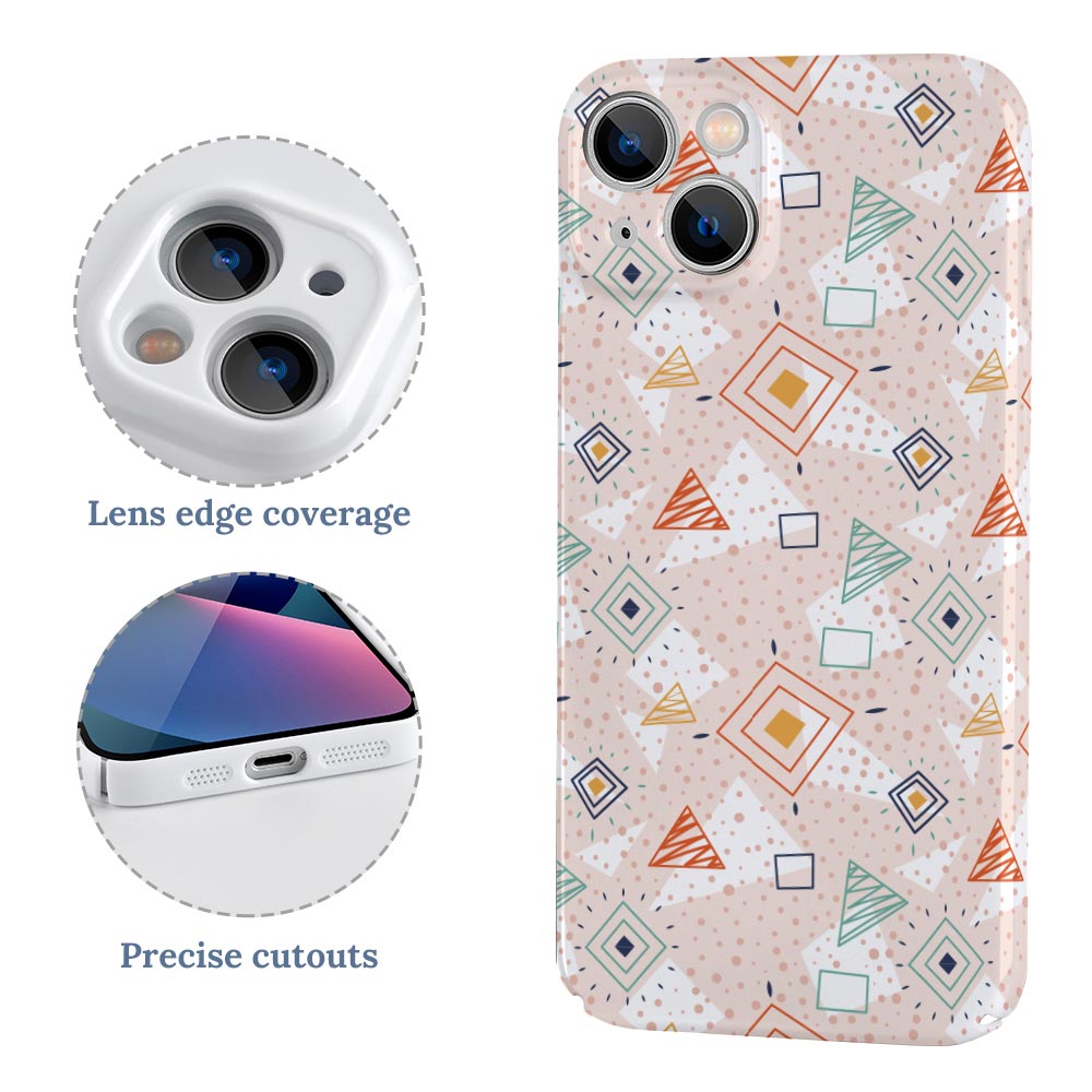 iPhone 13 PC plastic case, white & pink geometric pattern, precise cutouts, full edge coverage, phone protection.