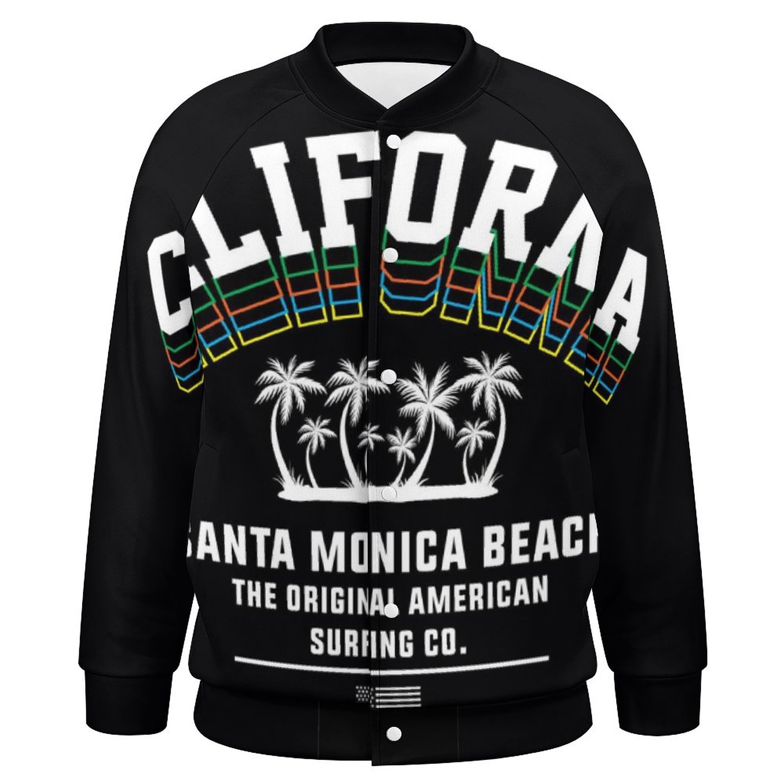 Black Fylly Printing Baseball Uniform with "CALIFORNIA BEACH" graphic, men's streetwear
