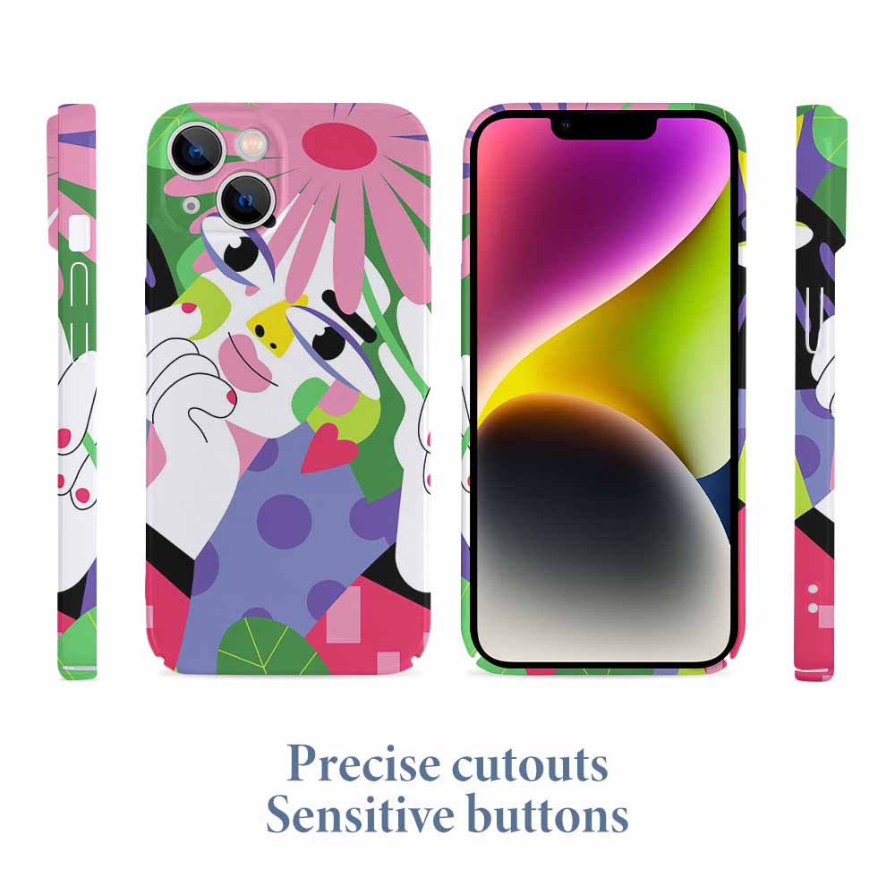 iPhone 14 floral case with precise cutouts and sensitive buttons, made of PC plastic