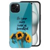 iPhone 15 case with sunflower bouquet and inspirational quote "Be your own kind of beautiful", Glass + TPU material