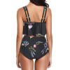 Black floral print bikini swimsuit with layered top and high-waisted bottoms