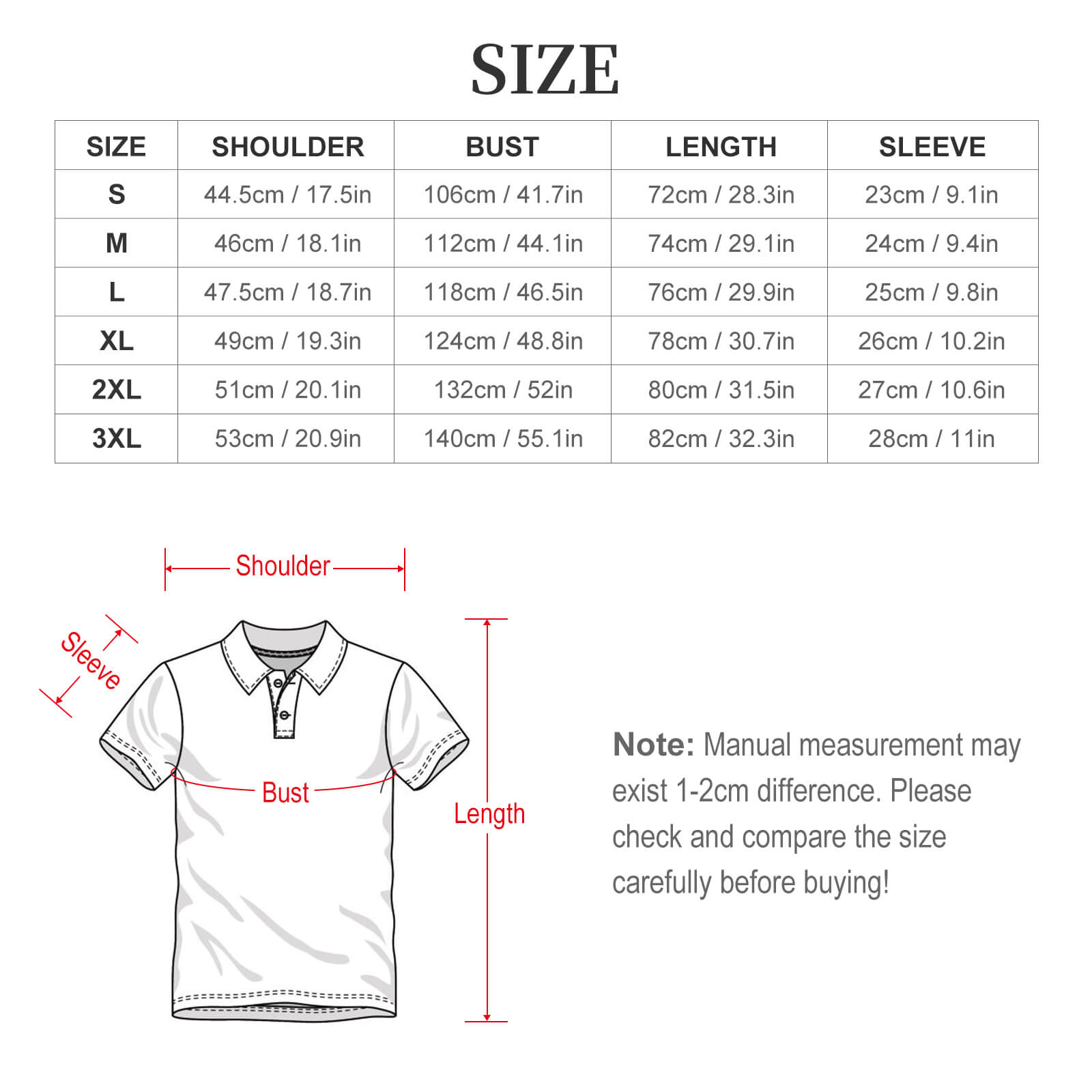 Men's white polo shirt size chart with shoulder, bust, length and sleeve measurements in cm and inches.
