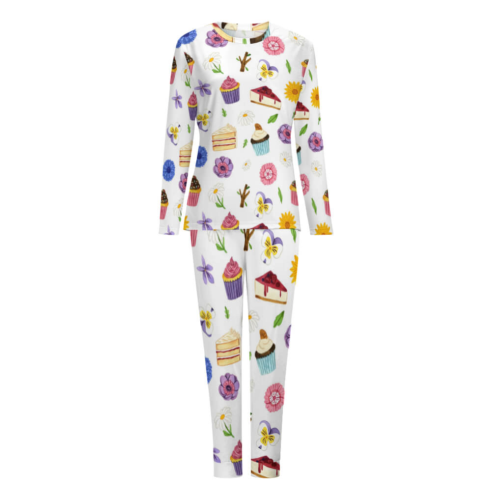 Soft Women's Pajama Set - White with colorful food and cake patterns