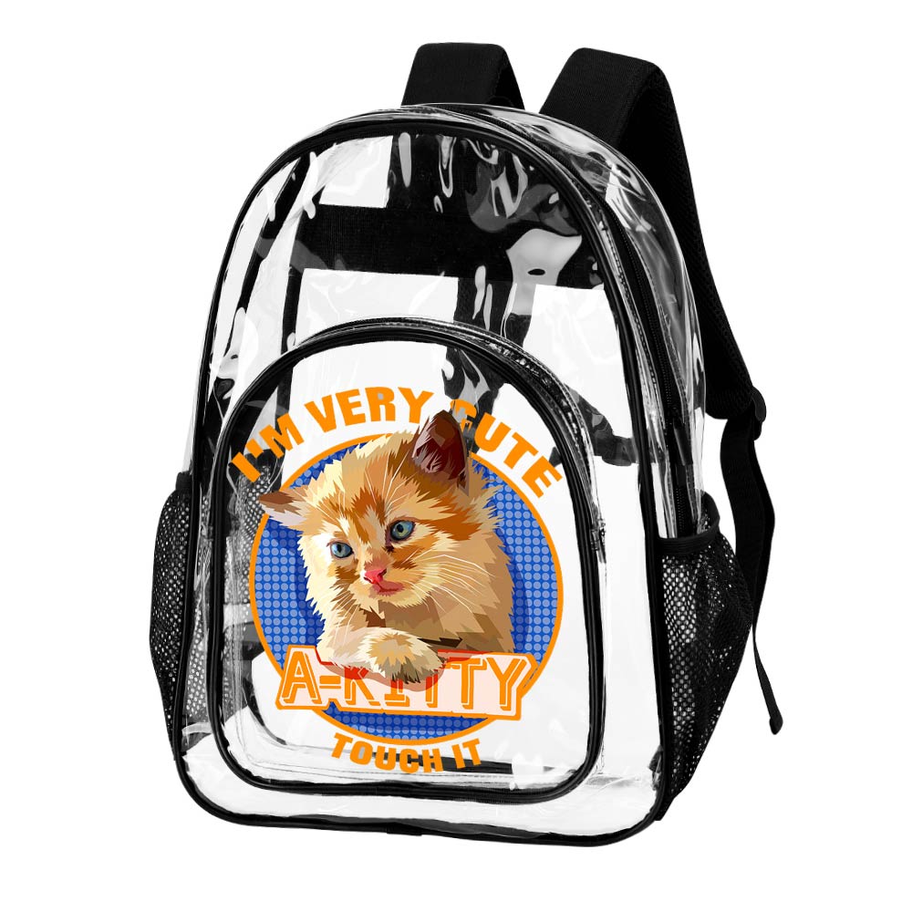 Transparent PVC backpack with "Sunny Kitty" print, perfect for work, travel, and stylish everyday use.