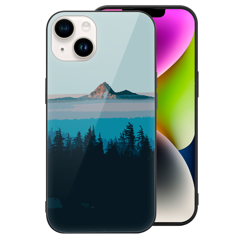 iPhone 14 glass case with mountain landscape, protective & stylish design