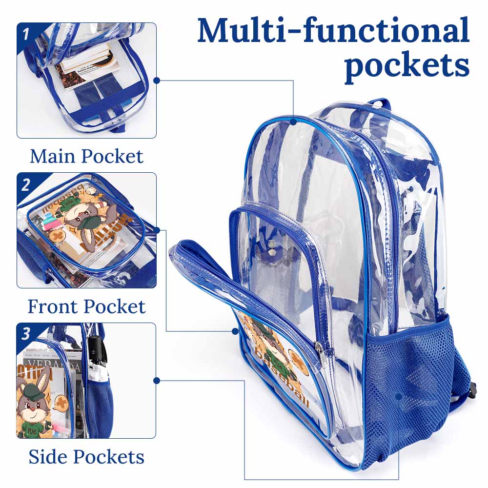 Blue PVC transparent backpack with multiple pockets for work and travel, Main, Front, and Side Pockets.