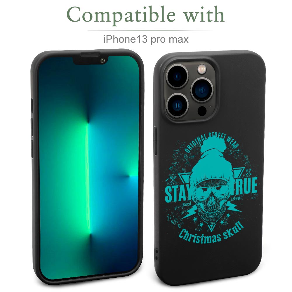 iPhone 13 case, black TPU with turquoise 'Stay True Christmas Dude' design, wireless charging compatible