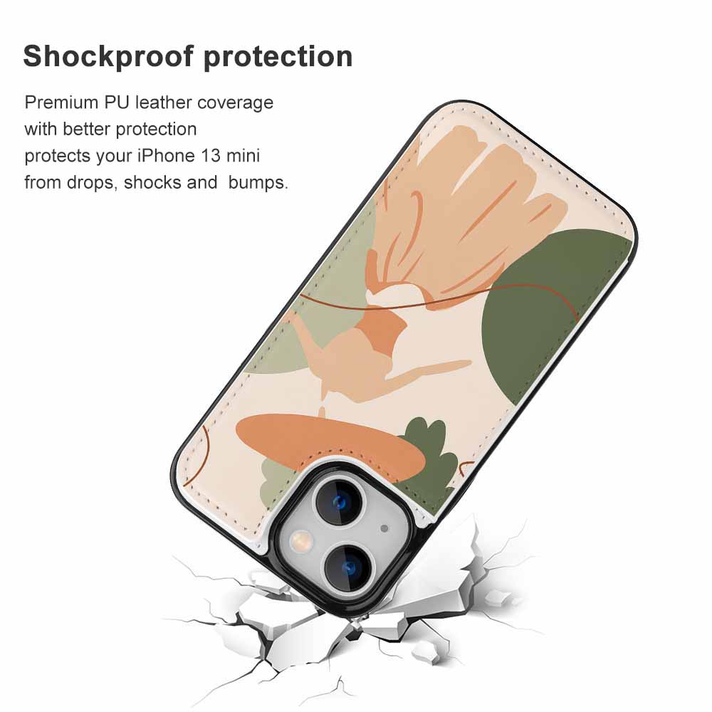 iPhone 13 case with abstract art design, TPU leather, card slot, shockproof protection, and raised edges for screen.