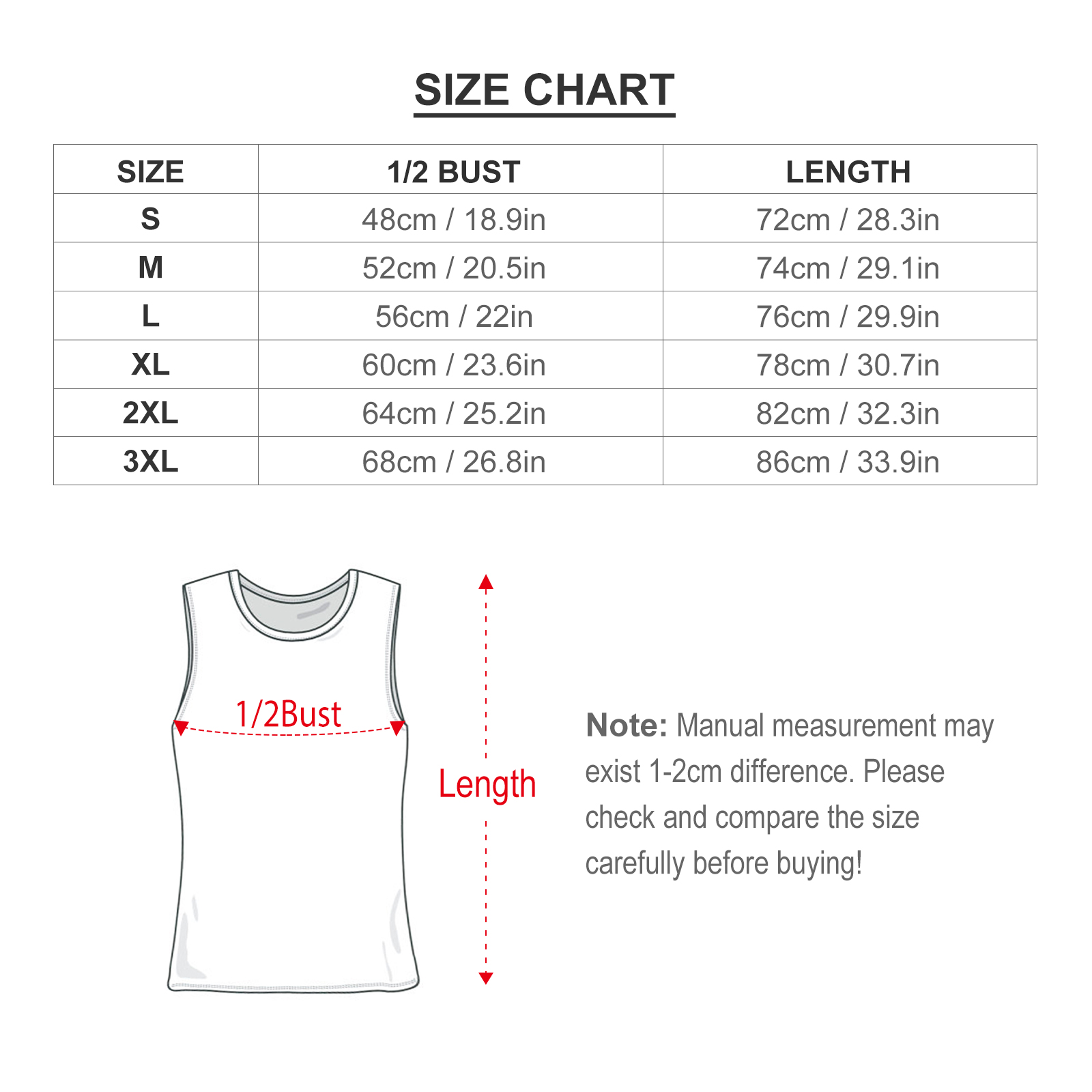Men's Tank Top Size Chart: Measurements for S-3XL, cotton tank top