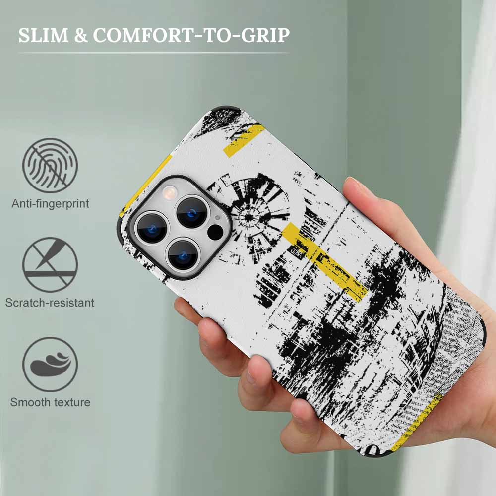 iPhone 13 fiber skin case with abstract art design, scratch-resistant and comfortable grip.