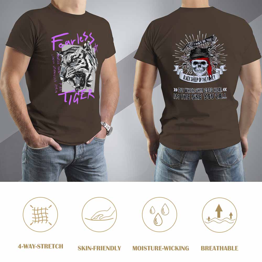 Brown cotton men's 'Fearless Tiger' graphic tee, front and back print, pure cotton comfort.