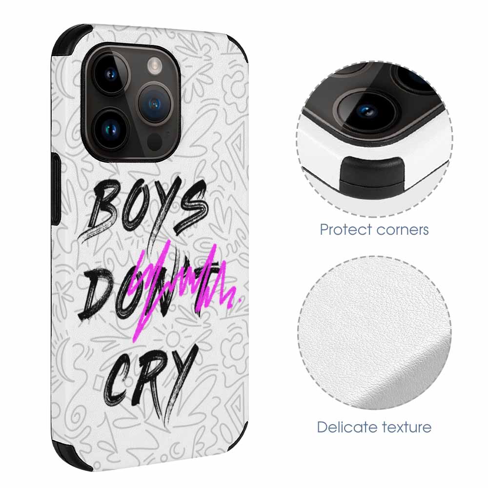 iPhone 14 Pro case with 'Boys Don't Cry' graphic, white microfiber, scratch-resistant and stylish.