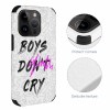 iPhone 14 Pro case with 'Boys Don't Cry' graphic, white microfiber, scratch-resistant and stylish.