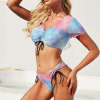 Women's tie-dye short sleeve bikini swimsuit, featuring drawstring details for a stylish beach or pool look.